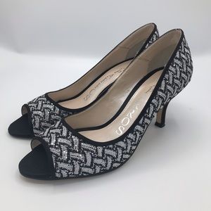 Black, White and Silver Peep Toe Heel